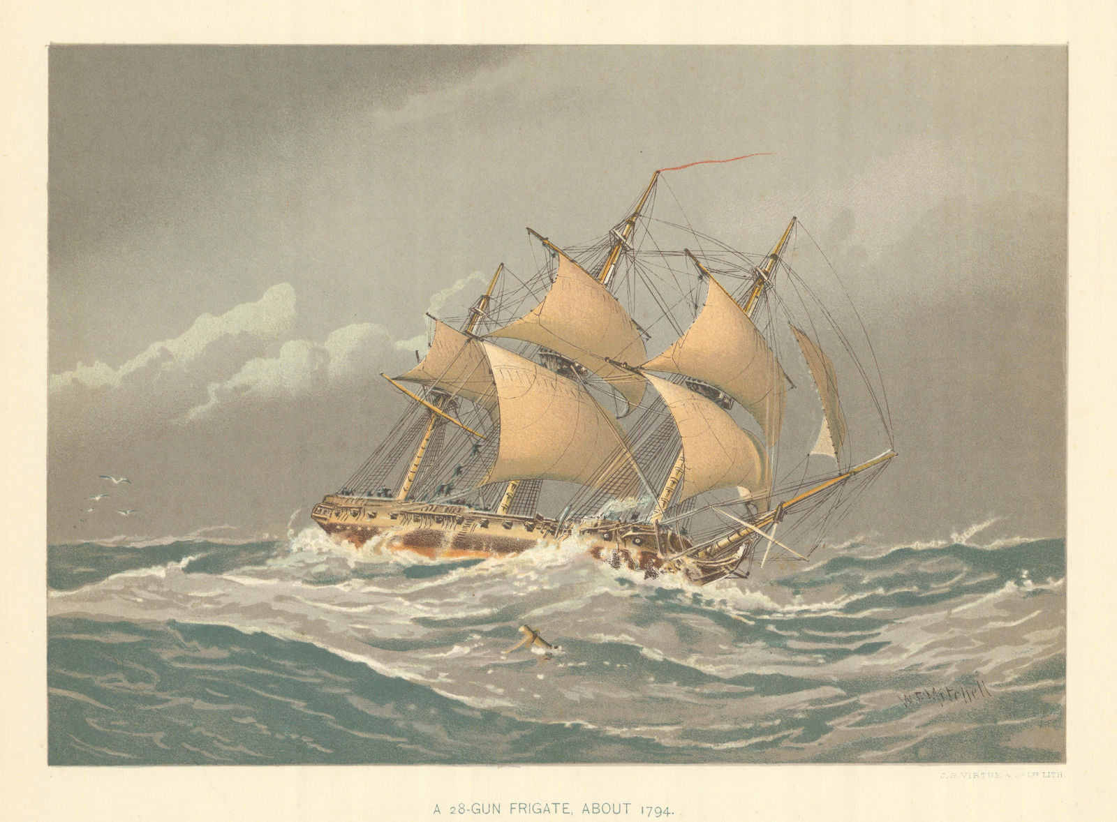 A 28-Gun Frigate about 1794 by W.F. Mitchell. Royal Navy 1893 old print
